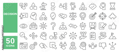 Set of 50 line icons related to decision, choice, choose, option, selection, quiz, decide, direction, possible, solve, variety, Editable stroke. Vector illustration