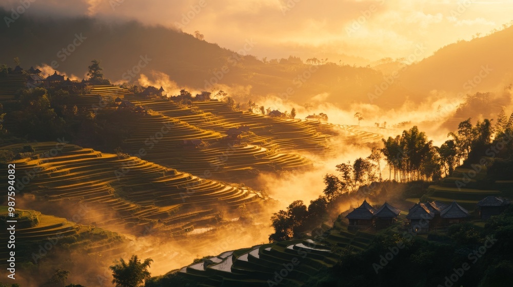 A sunrise view over terraced rice fields with mist rising from the paddies and the first light illuminating the intricate layers of the fields A sunrise view over terraced rice fields with mist rising from the paddies and the first light illuminating the intricate layers of the fields