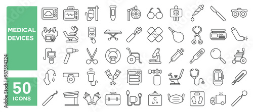 Set of 50 line icons related to medical devices, equipments, tools, surgery, radiology, microscope, monitor, scan, oxygen, wheelchair, supplies, Editable stroke. Vector illustration