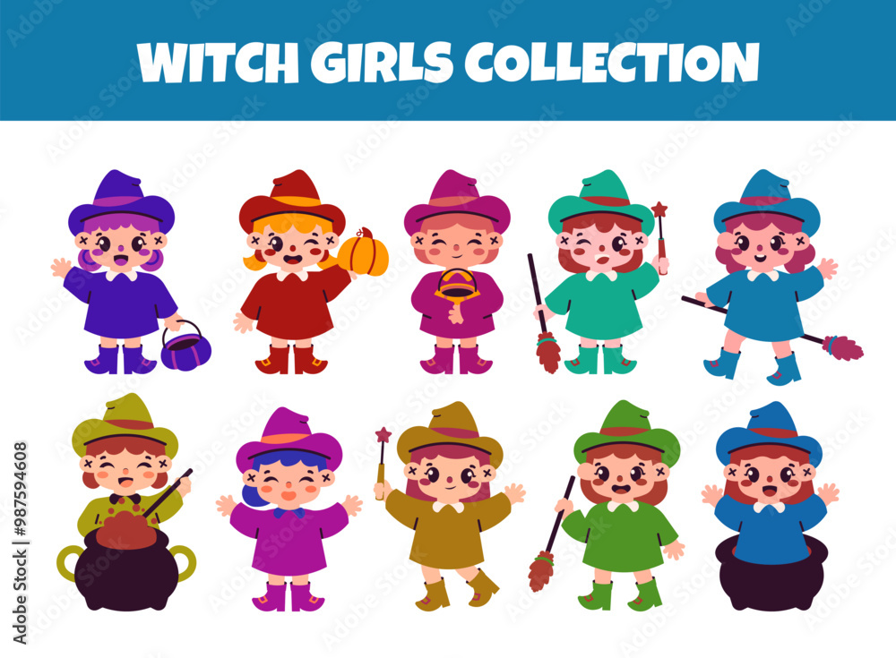 Witch girls vector illustration set Witch girls vector illustration set
