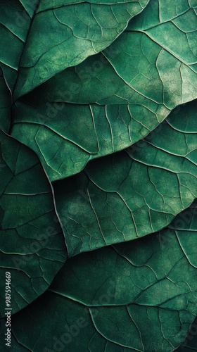 A detailed close-up of lush green leaves with intricate veins, showcasing nature's beauty and texture in vivid colors.