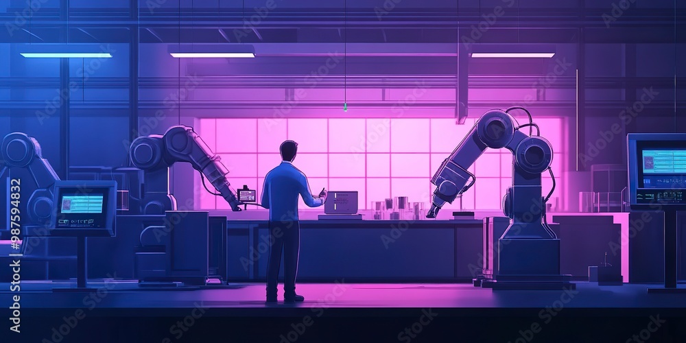 Fototapeta premium Manager engineer check and control automation robot arms machine in intelligent factory industrial 