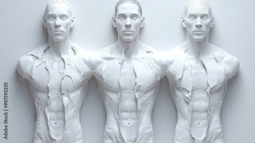 Three stylized white figures display an abstract representation of the human body, emphasizing anatomy and artistic design. Three stylized white figures display an abstract representation of the human body, emphasizing anatomy and artistic design.