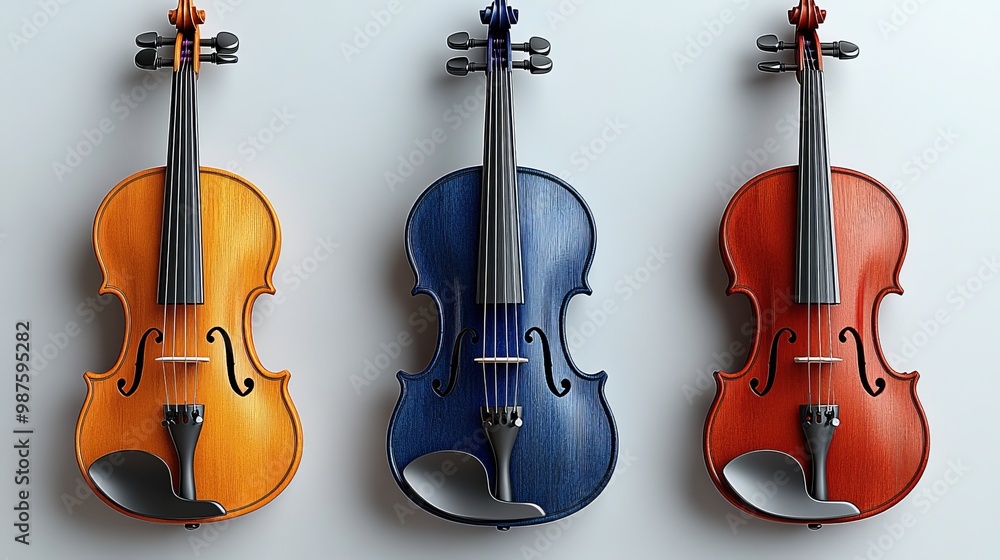 Fototapeta premium Three vibrant violins in orange, blue, and red hues, beautifully arranged against a simple background, showcasing artistic craftsmanship.
