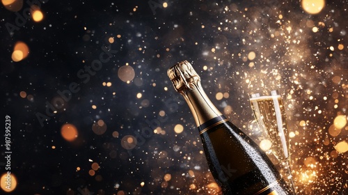 New year party concept with a exploding champagne bottle, with copy space