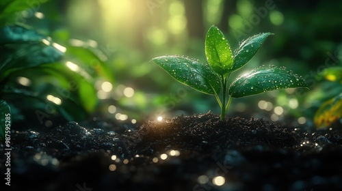 A young plant sprouting in soil, illuminated by soft sunlight.