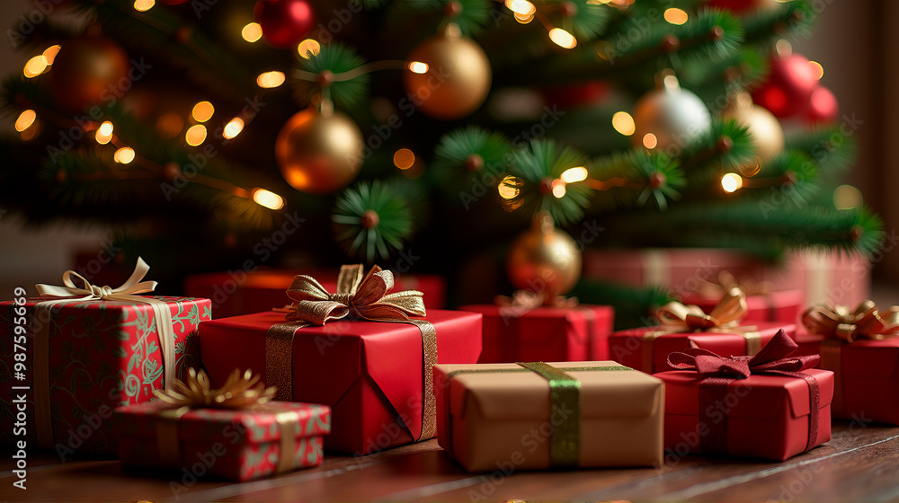 christmas tree with lights and red gift  boxes on floor, close up