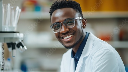 A cheerful male scientist in a lab coat smiles confidently while seated near laboratory equipment, embodying dedication and enthusiasm for research.