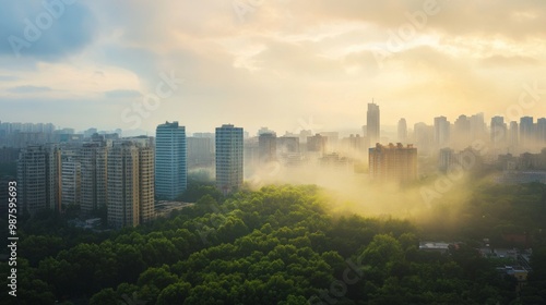 A time-lapse image of a city showing the transition from green forests to urban sprawl and smog, illustrating the long-term impact of global warming.