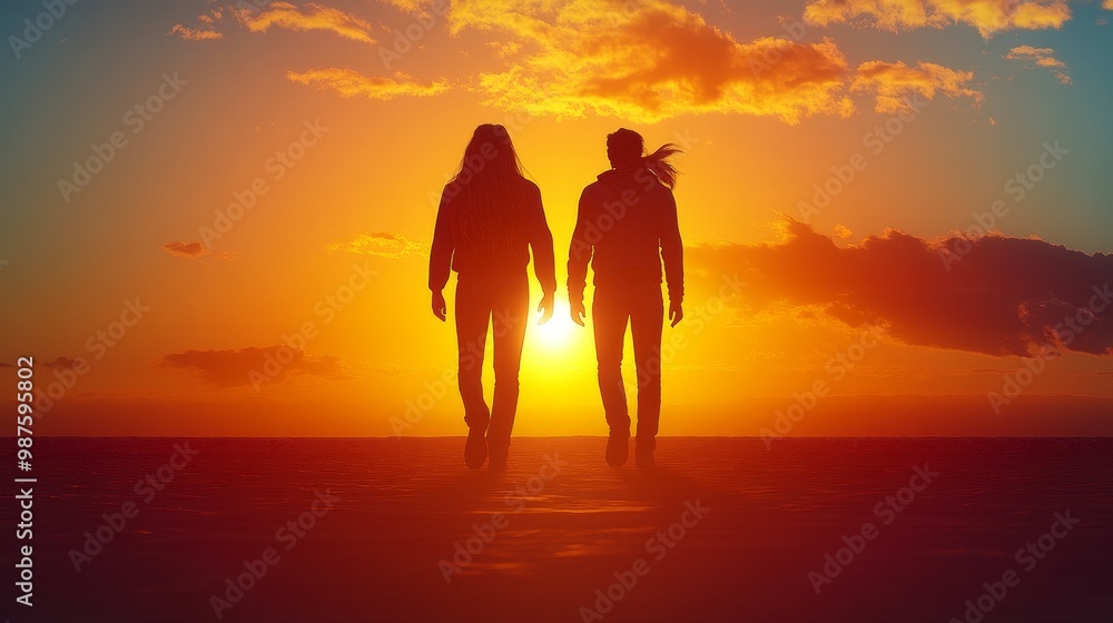 Two silhouettes walking towards a vibrant sunset, symbolizing love, companionship, and the beauty of shared moments. Two silhouettes walking towards a vibrant sunset, symbolizing love, companionship, and the beauty of shared moments.