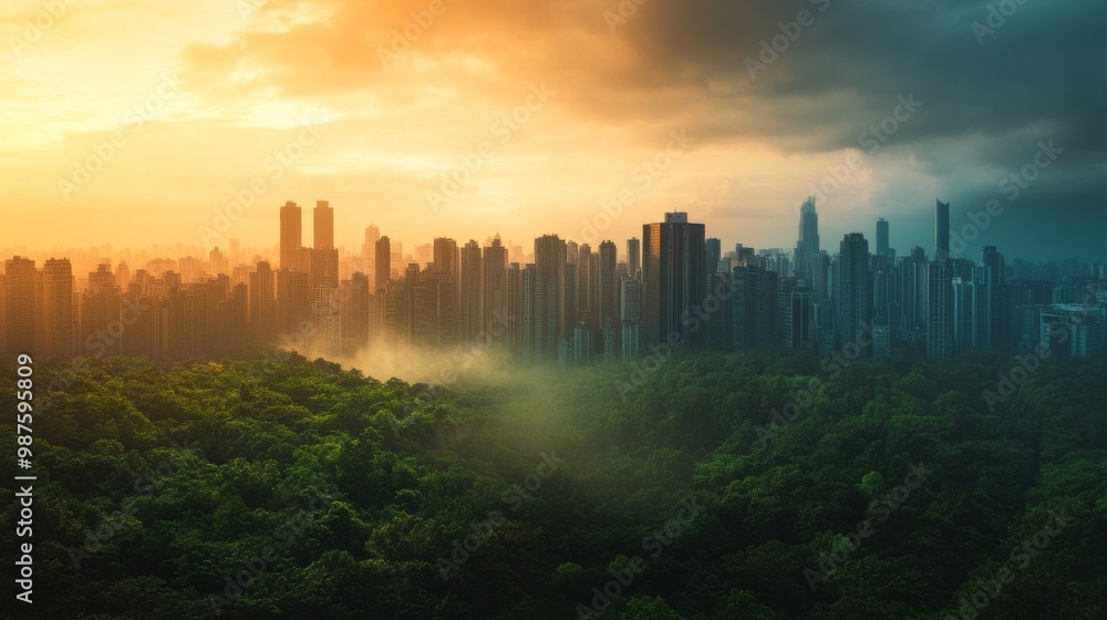 A time-lapse image of a city showing the transition from green forests to urban sprawl and smog, illustrating the long-term impact of global warming. A time-lapse image of a city showing the transition from green forests to urban sprawl and smog, illustrating the long-term impact of global warming.