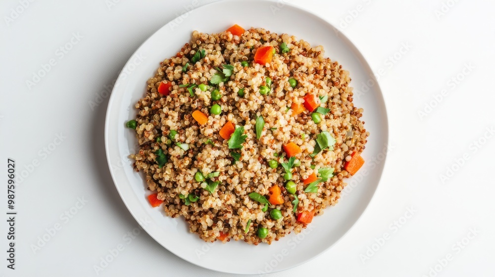 A top-down view of a white plate filled with cooked quinoa, bulgur wheat, and lentils, showcasing a healthy, grain-based meal against a white backdrop. A top-down view of a white plate filled with cooked quinoa, bulgur wheat, and lentils, showcasing a healthy, grain-based meal against a white backdrop.