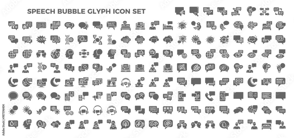 Speech bubbles set glyph icons, communication technology, expression opinion feedback thought