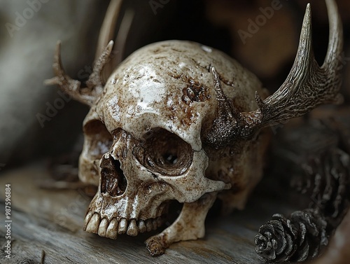 Human Skull with Antlers: A Dark and Surreal Still Life