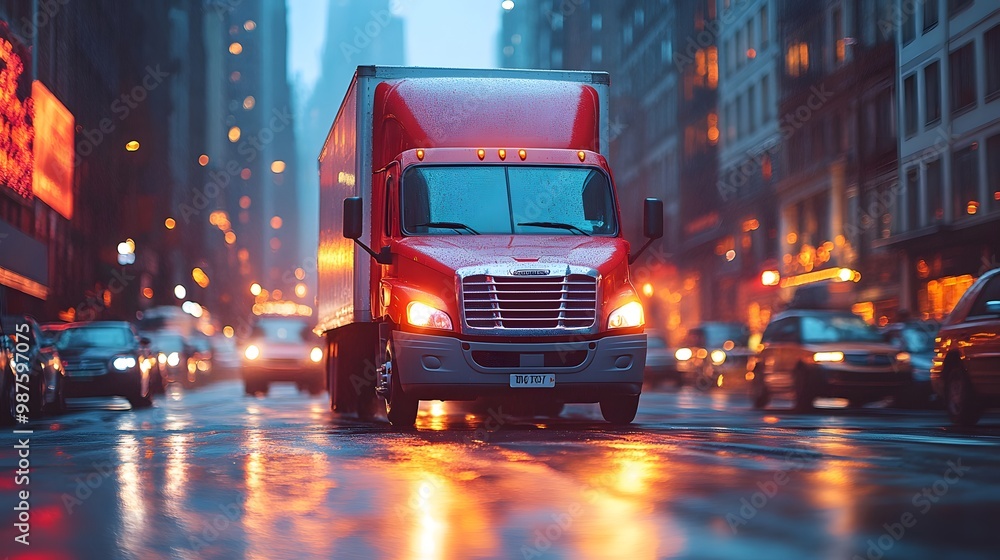 Fototapeta premium A delivery truck navigating through traffic in a bustling metropolitan area, emphasizing speed and efficiency