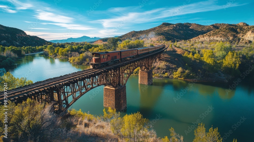 A train passing over a picturesque railway bridge with tracks spanning a river, framed by scenic natural surroundings and clear skies. A train passing over a picturesque railway bridge with tracks spanning a river, framed by scenic natural surroundings and clear skies.