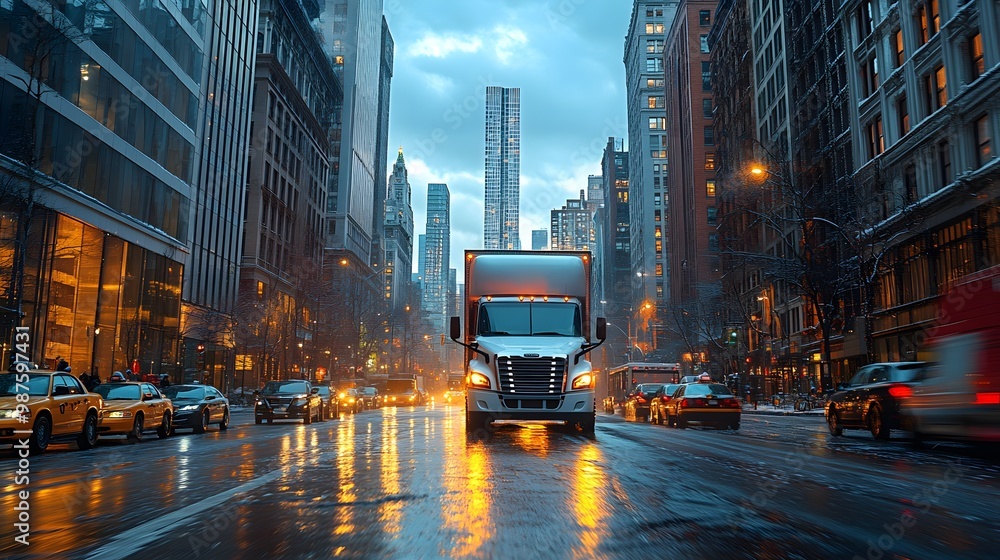 High-rise buildings framing a fast delivery truck driving in the heart of the city, representing quick and efficient service High-rise buildings framing a fast delivery truck driving in the heart of the city, representing quick and efficient service