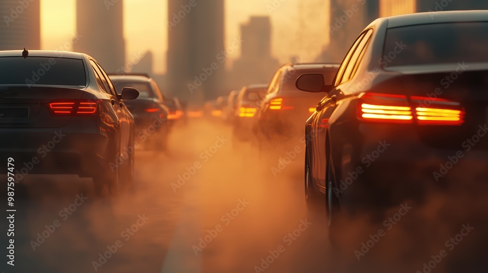 Urban Traffic Jam at Sunset with Modern Cars and City Skyline in the Background Urban Traffic Jam at Sunset with Modern Cars and City Skyline in the Background