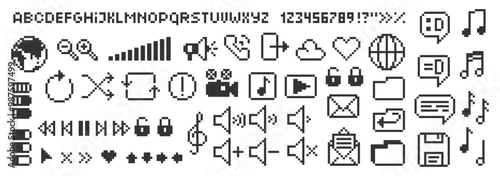 Set of music and video icons, elements of computer interface and alphabet. Pixel art vector illustration.