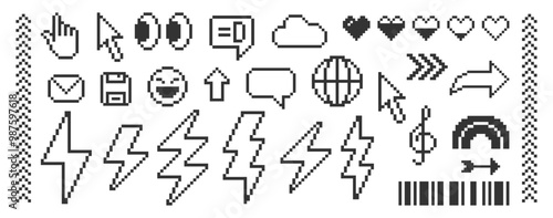 Set of emoji, globe, specch bubbles, rainbow and lightning. Pixel art vector illustration.