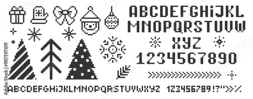 Set of xmas icons of christmas tree, present, bow, snowflake and alphabet. Pixel art vector illustration.