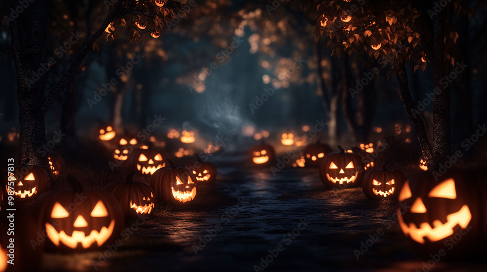 Glowing Jack-O'-Lanterns in an Enchanted Forest 3 Glowing Jack-O'-Lanterns in an Enchanted Forest 3