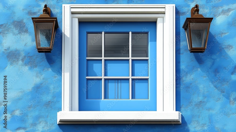 Fototapeta premium A charming blue window framed with white trim, flanked by rustic lanterns, set against a textured blue wall.