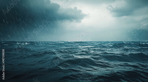 An intense image of an ocean with choppy waves under a dark, stormy sky and heavy rain, capturing the power of nature's elements in a dramatic seascape.
