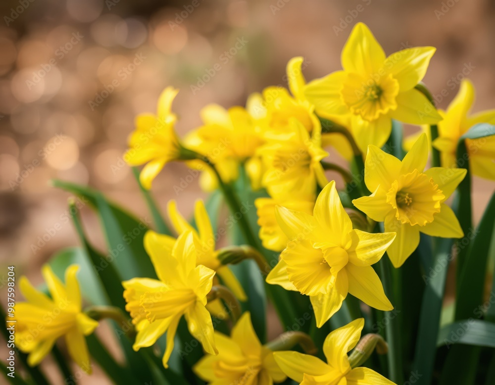 A close-up image of a cluster of vibrant yellow daffodils in full bloom, with green stems and petals, set against a blurred brown background, showcasing their full bloom and vibrant colors A close-up image of a cluster of vibrant yellow daffodils in full bloom, with green stems and petals, set against a blurred brown background, showcasing their full bloom and vibrant colors