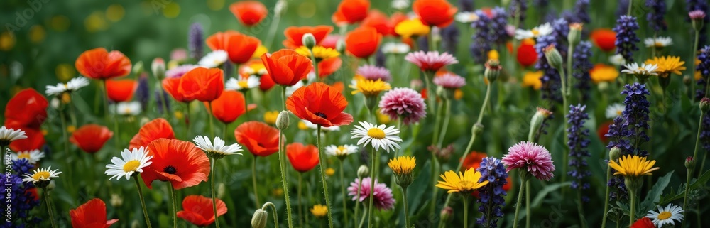 A vibrant field of red poppies, yellow daisies, and purple wildflowers, set against a blurred green background, showcases a harmonious blend of colors and shapes A vibrant field of red poppies, yellow daisies, and purple wildflowers, set against a blurred green background, showcases a harmonious blend of colors and shapes