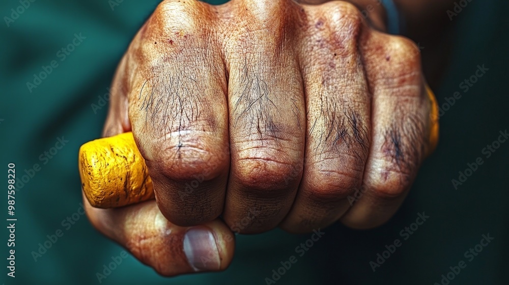 A close-up of a clenched fist gripping a yellow object, showcasing rugged skin textures and strong hand features. A close-up of a clenched fist gripping a yellow object, showcasing rugged skin textures and strong hand features.