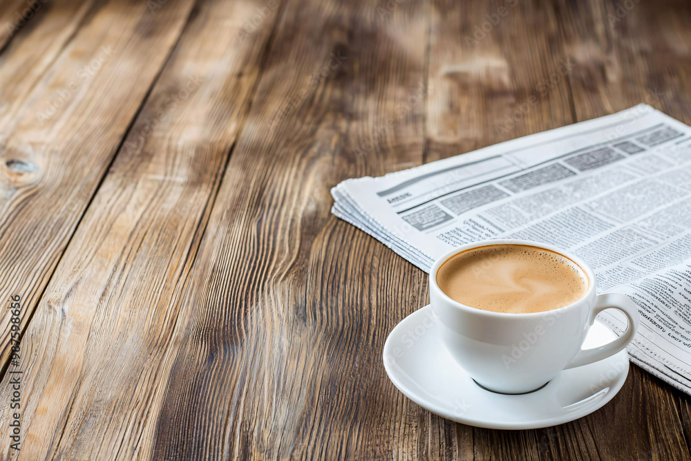 Obraz premium A calm morning scene with coffee and newspaper on wooden table