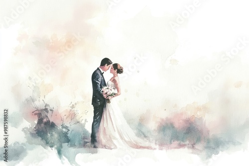 Romantic watercolor illustration of a couple sharing a kiss, capturing the essence of love and celebration on their wedding day.