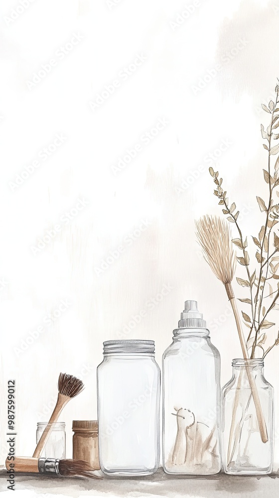 A serene display of assorted glass jars and rustic decor elements, perfect for minimalist and nature-inspired themes. A serene display of assorted glass jars and rustic decor elements, perfect for minimalist and nature-inspired themes.