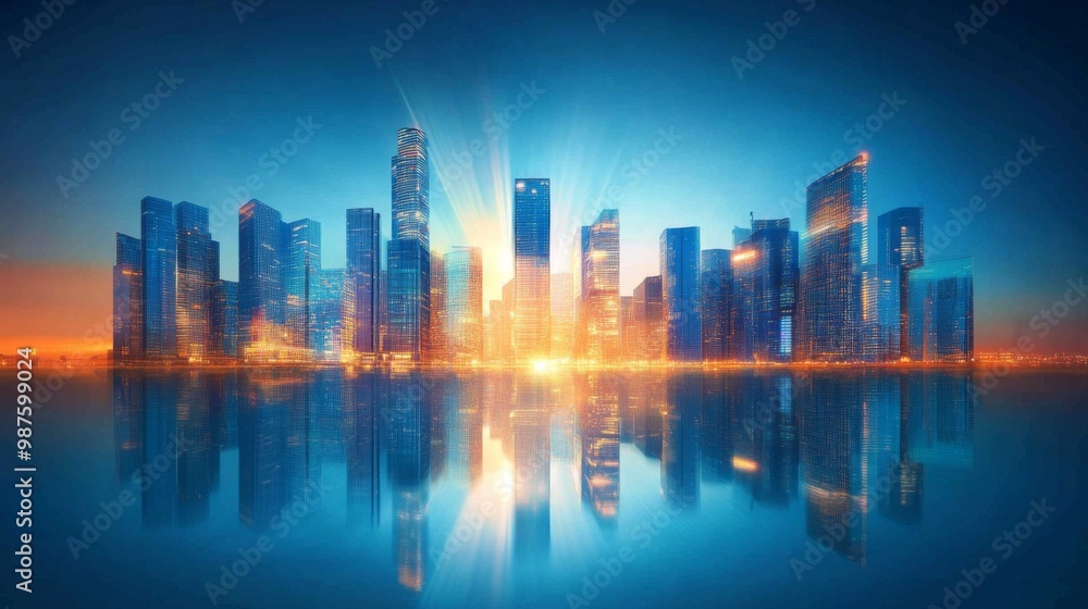 Picture of modern skyscrapers of a smart city, futuristic financial district with buildings and reflections , blue color background for corporate and business template with warm sun rays of light Picture of modern skyscrapers of a smart city, futuristic financial district with buildings and reflections , blue color background for corporate and business template with warm sun rays of light