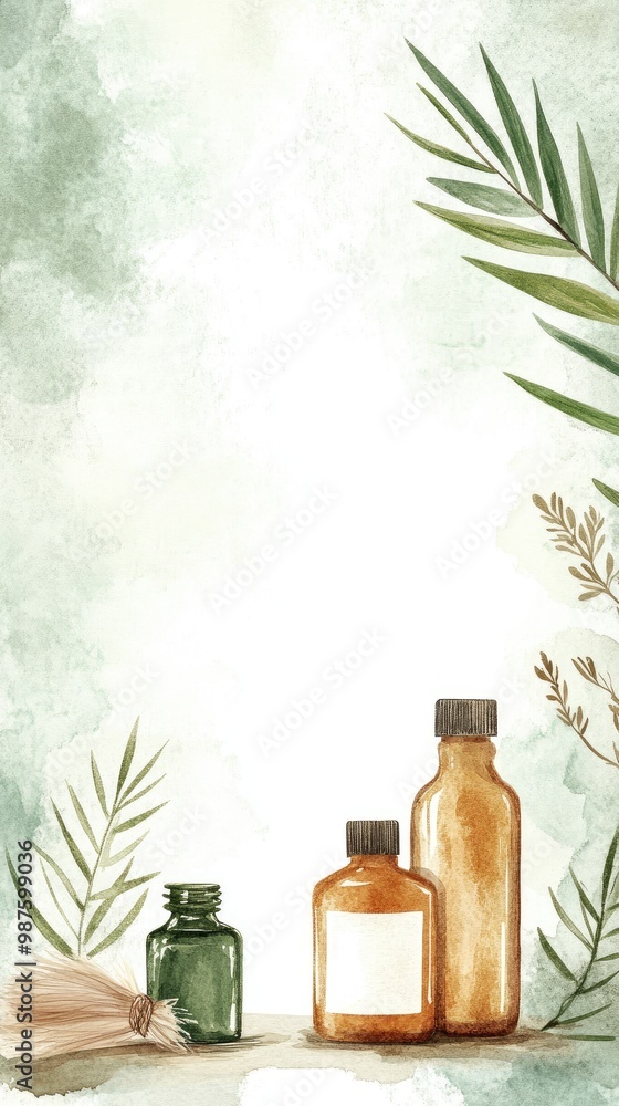 A serene composition of natural essential oil bottles surrounded by leaves, perfect for wellness and spa-themed projects. A serene composition of natural essential oil bottles surrounded by leaves, perfect for wellness and spa-themed projects.