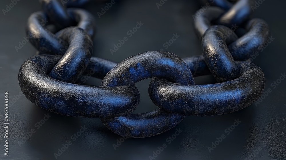 A close-up view of a dark, heavy metal chain, showcasing its rugged texture and interlocked links on a reflective surface. A close-up view of a dark, heavy metal chain, showcasing its rugged texture and interlocked links on a reflective surface.
