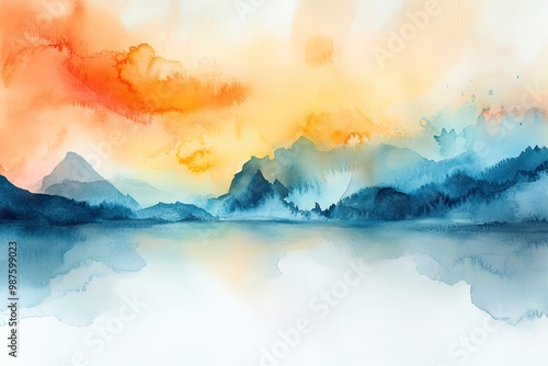 A serene watercolor painting of mountains reflecting in a calm lake during sunset with vibrant orange and blue hues.