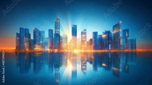 Picture of modern skyscrapers of a smart city, futuristic financial district with buildings and reflections , blue color background for corporate and business template with warm sun rays of light