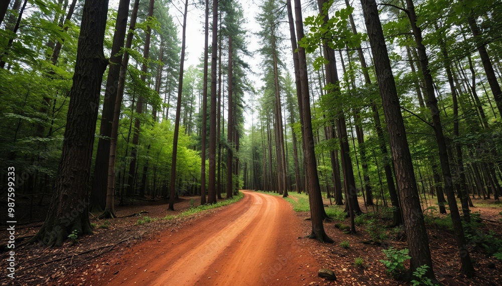 Fototapeta premium A red-brown dirt road winds through a dense forest, surrounded by tall, slender trees with green leaves, creating a serene and tranquil scene