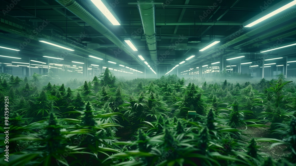 Cannabis plants in a large, illuminated indoor greenhouse with a misty atmosphere Cannabis plants in a large, illuminated indoor greenhouse with a misty atmosphere