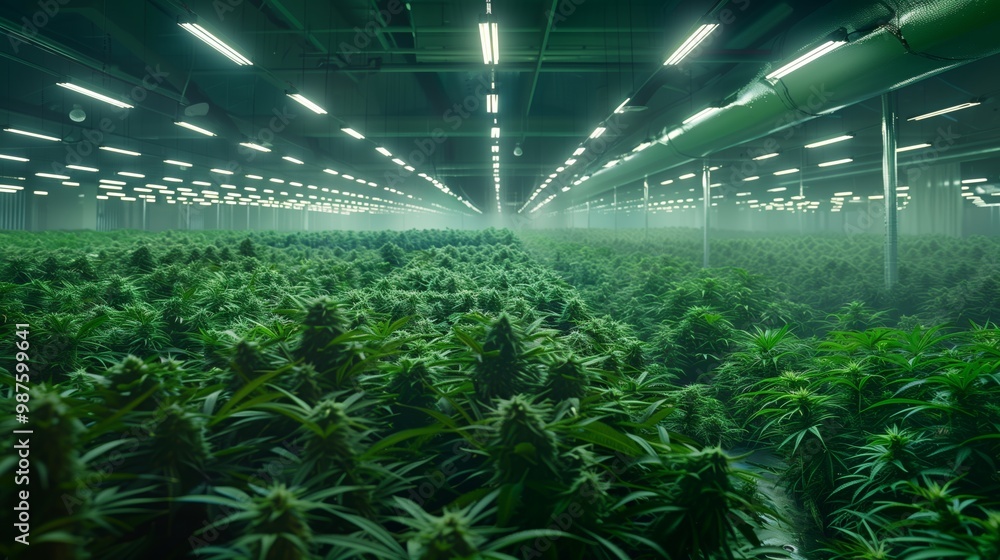 Cannabis plants growing in a large indoor facility with bright overhead lights Cannabis plants growing in a large indoor facility with bright overhead lights