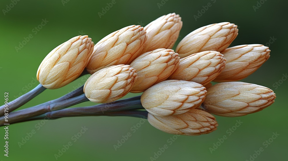 A cluster of elegant, cream-colored buds on green foliage, symbolizing growth and new beginnings in nature. A cluster of elegant, cream-colored buds on green foliage, symbolizing growth and new beginnings in nature.