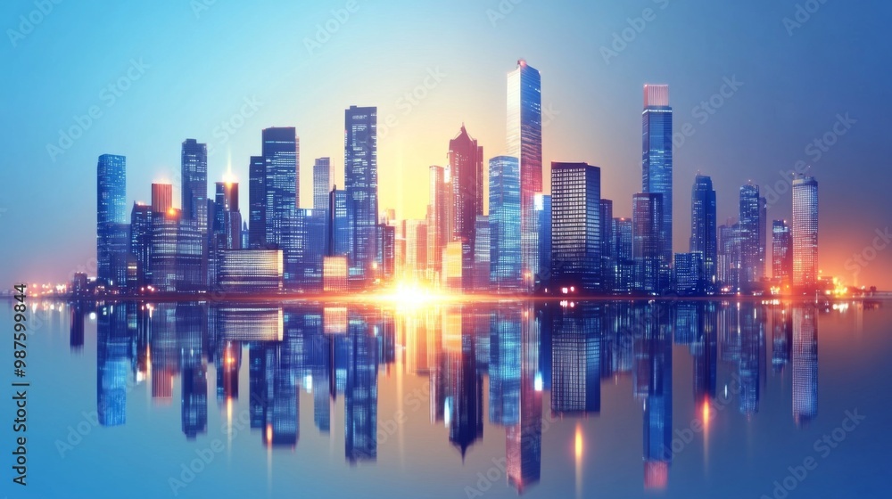 Fototapeta premium Picture of modern skyscrapers of a smart city, futuristic financial district with buildings and reflections , blue color background for corporate and business template with warm sun rays of light