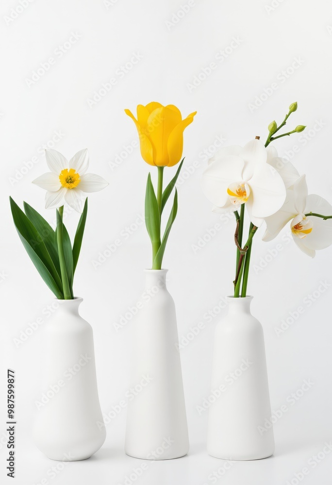 Three white vases with unique shapes and sizes, each holding a vibrant flower, are arranged in a row against a white background, creating a serene and harmonious scene Three white vases with unique shapes and sizes, each holding a vibrant flower, are arranged in a row against a white background, creating a serene and harmonious scene