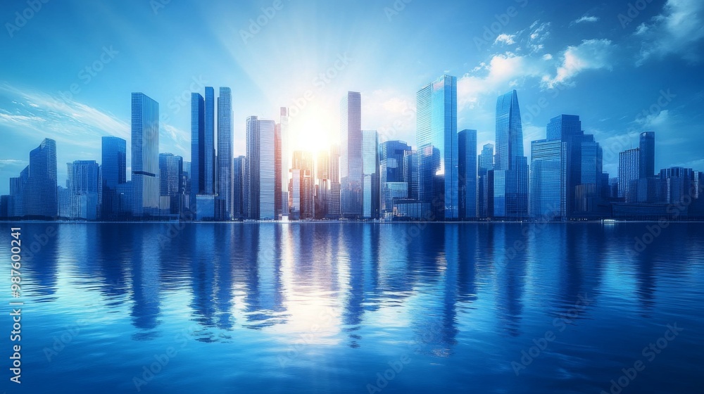 Picture of modern skyscrapers of a smart city, futuristic financial district with buildings and reflections , blue color background for corporate and business template with warm sun rays of light Picture of modern skyscrapers of a smart city, futuristic financial district with buildings and reflections , blue color background for corporate and business template with warm sun rays of light