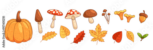 Collection Of Autumn Elements Featuring A Variety Of Mushrooms, Colorful Leaves, Acorns, And A Pumpkin. Cartoon Images