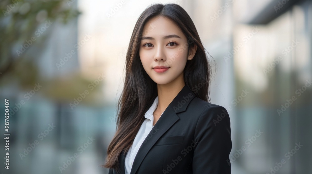 Portrait of a beautiful Asian woman in suit outdoors with a blurry business center in backdrop. with copy space Portrait of a beautiful Asian woman in suit outdoors with a blurry business center in backdrop. with copy space