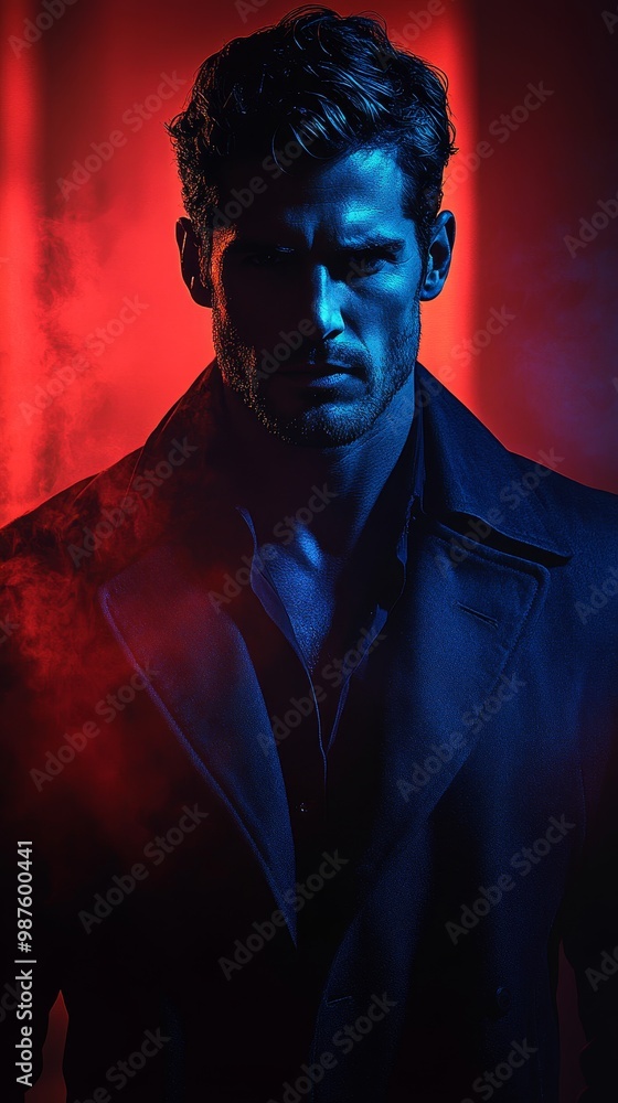 A dramatic portrait of a mysterious man in dark attire, exuding an aura of intensity and intrigue against a colorful backdrop. A dramatic portrait of a mysterious man in dark attire, exuding an aura of intensity and intrigue against a colorful backdrop.