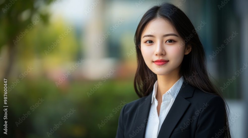 Portrait of a beautiful Asian woman in suit outdoors with a blurry business center in backdrop. with copy space Portrait of a beautiful Asian woman in suit outdoors with a blurry business center in backdrop. with copy space